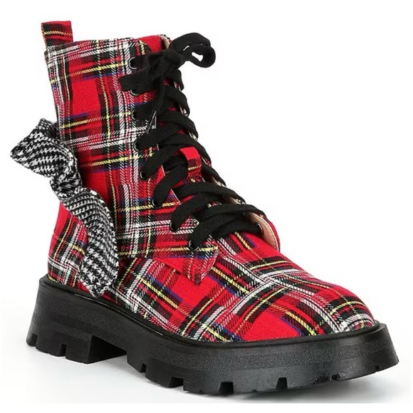 Betsey Johnson Women's ROZEY Side Zip Lace Up Combat Boots with Checkered Print - Picture 1 of 11